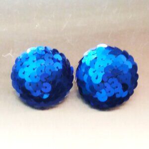 Dome Button Round Sequin Blue VTG Clip On Earrings The Icing Glamour Party Y2K